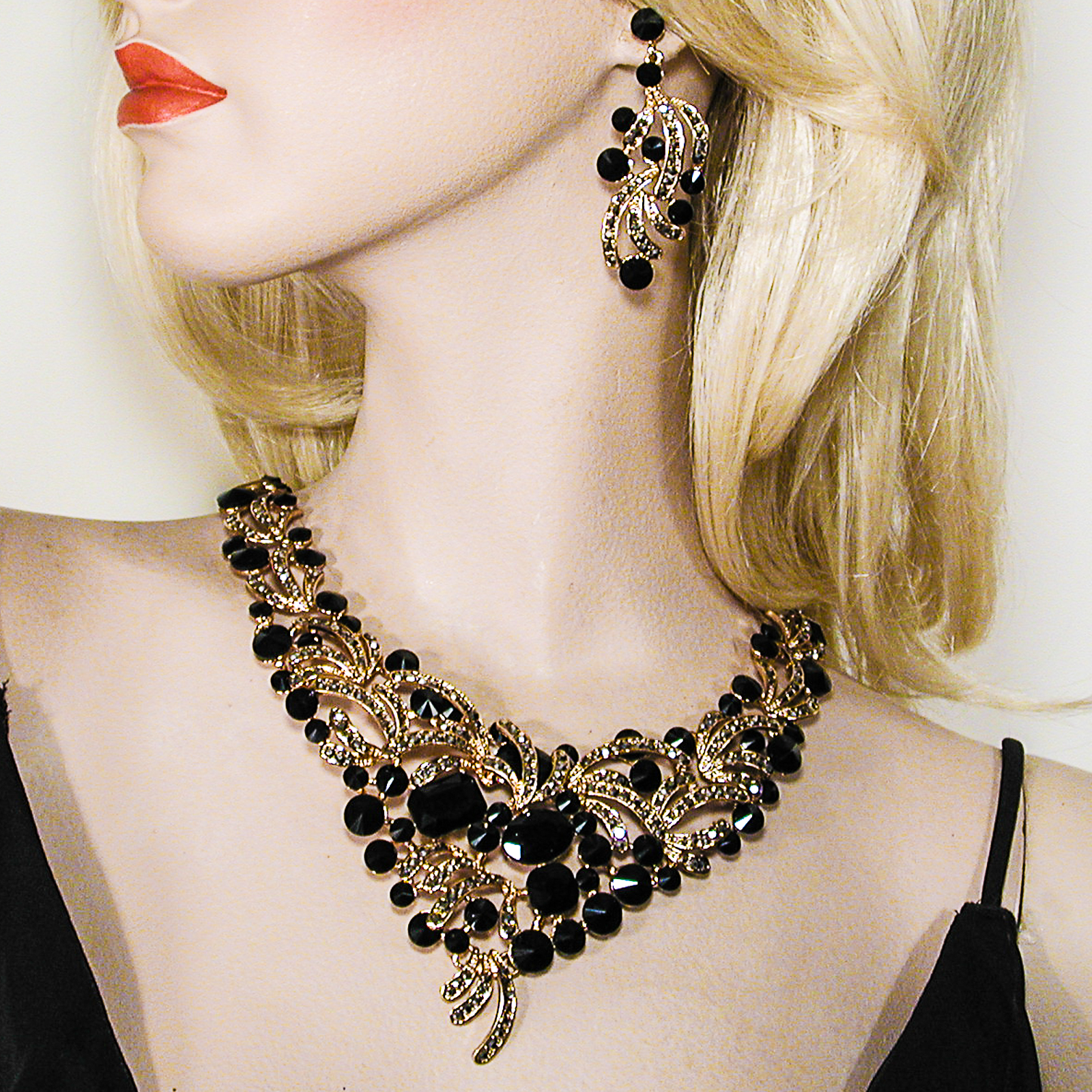 Large Statement Crystal Rhinestone Spray Bib Necklace Earrings Set, a fashion accessorie - Evening Elegance