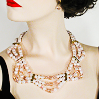 Three Row Pearl, Crystal and Rhinestone Necklace and Earrings Set