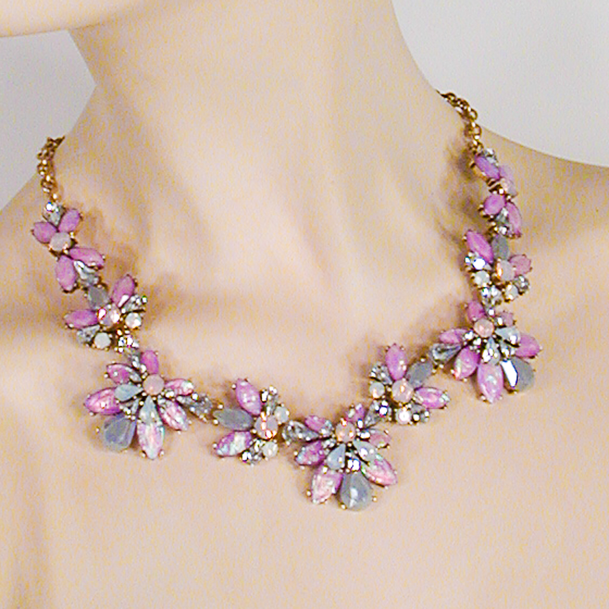 Faux Opal, Moonstone and Rhinestone Segment Necklace, a fashion accessorie - Evening Elegance