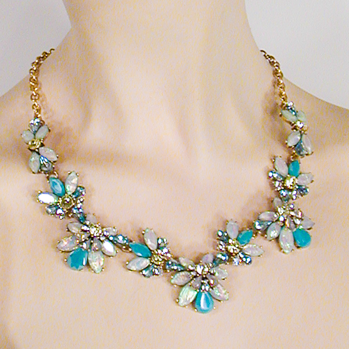 Faux Opal, Moonstone and Rhinestone Segment Necklace, a fashion accessorie - Evening Elegance