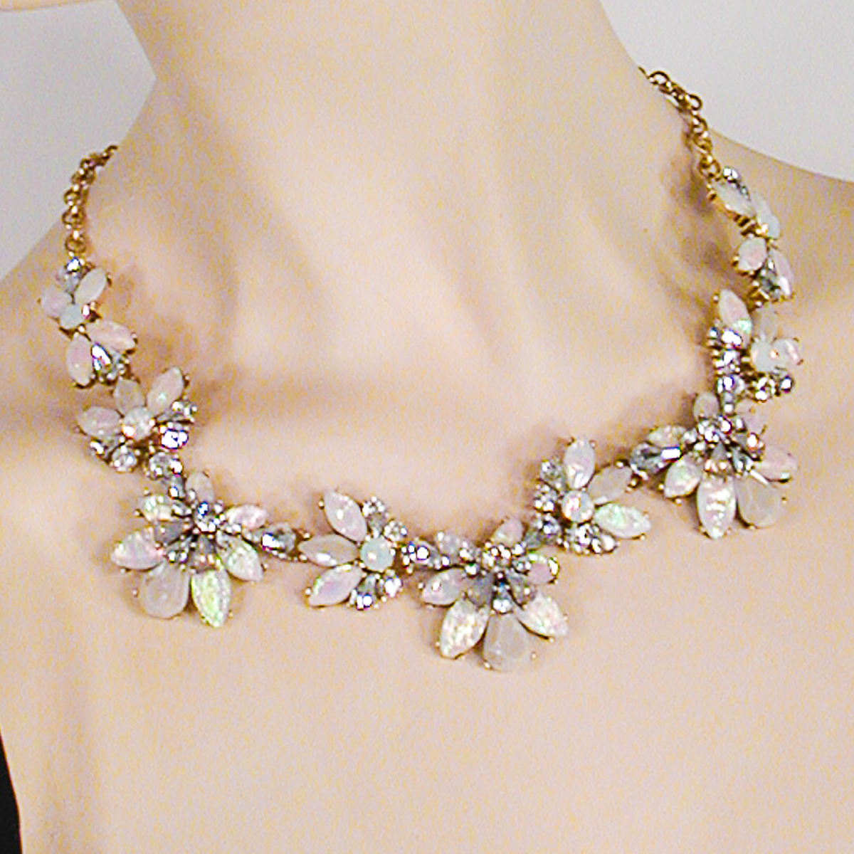 Faux Opal, Moonstone and Rhinestone Segment Necklace, a fashion accessorie - Evening Elegance