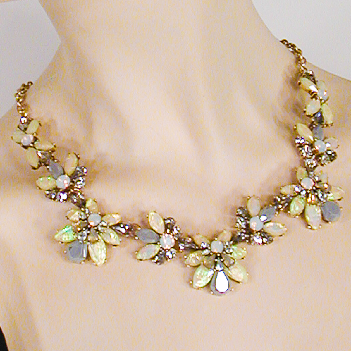 Faux Opal, Moonstone and Rhinestone Segment Necklace, a fashion accessorie - Evening Elegance