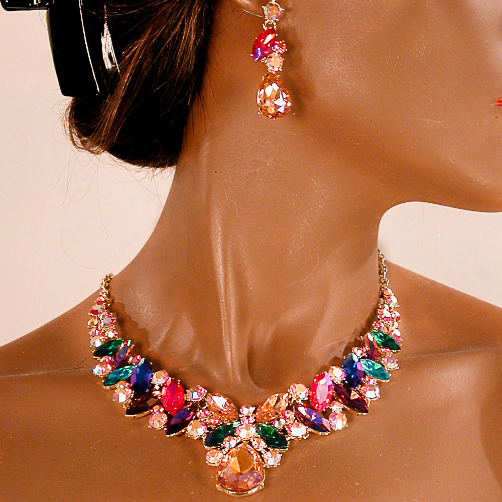 Multi Hue Large Crytal Rhinestone Bib Necklace & Earrings Set, a fashion accessorie - Evening Elegance