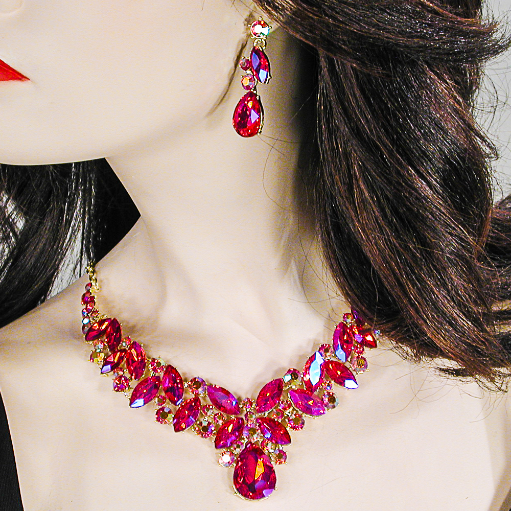 Multi Hue Large Crytal Rhinestone Bib Necklace & Earrings Set, a fashion accessorie - Evening Elegance