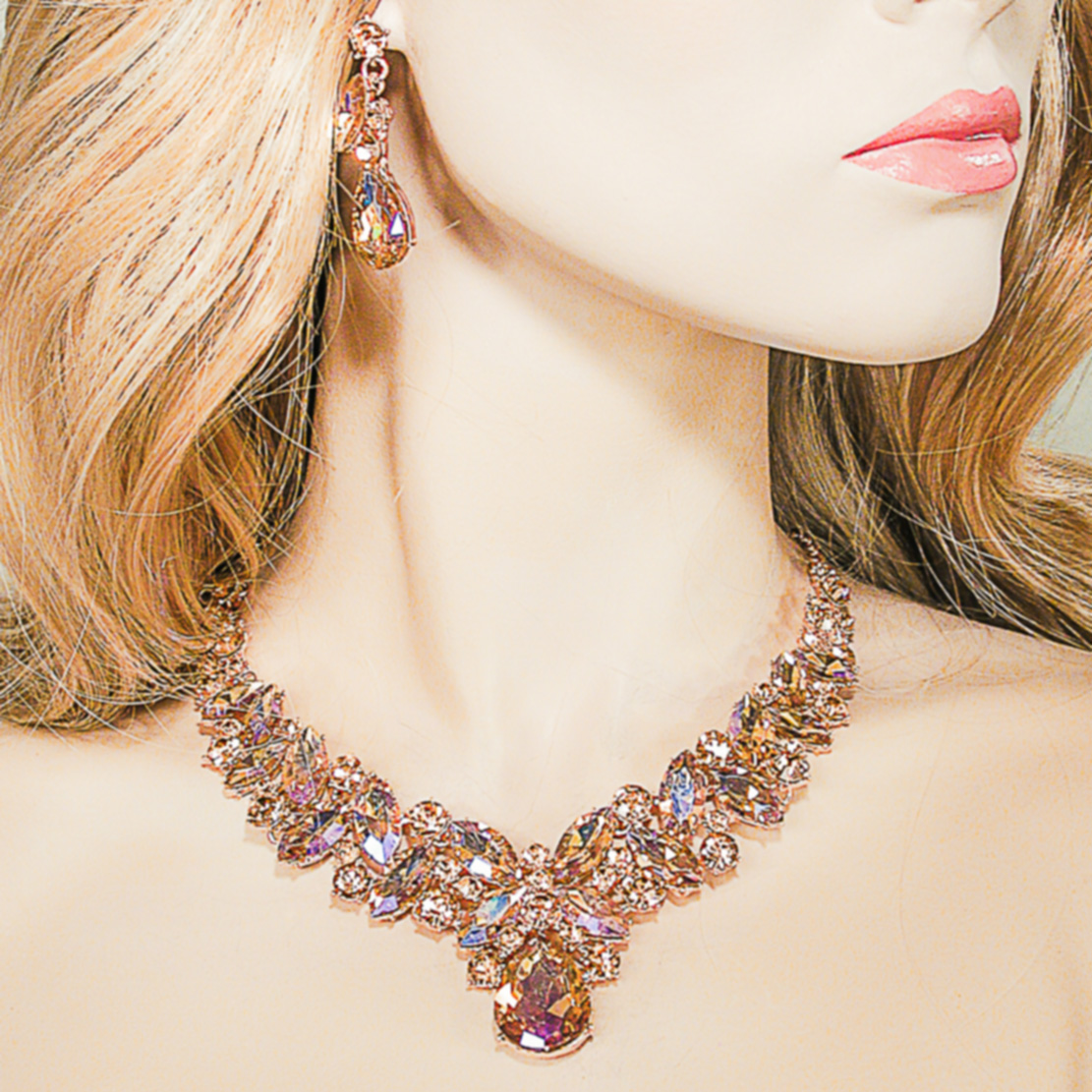 Multi Hue Large Crytal Rhinestone Bib Necklace & Earrings Set, a fashion accessorie - Evening Elegance