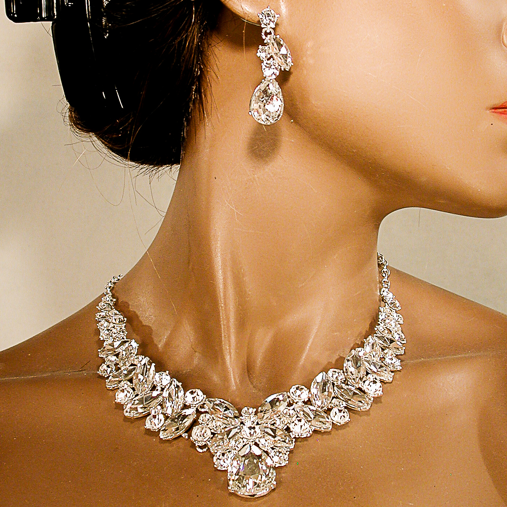 Multi Hue Large Crytal Rhinestone Bib Necklace & Earrings Set, a fashion accessorie - Evening Elegance