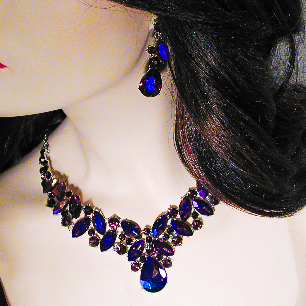 Multi Hue Large Crytal Rhinestone Bib Necklace & Earrings Set, a fashion accessorie - Evening Elegance