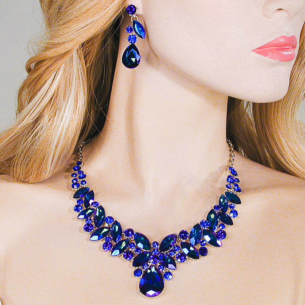 Multi Hue Large Crytal Rhinestone Bib Necklace & Earrings Set, a fashion accessorie - Evening Elegance