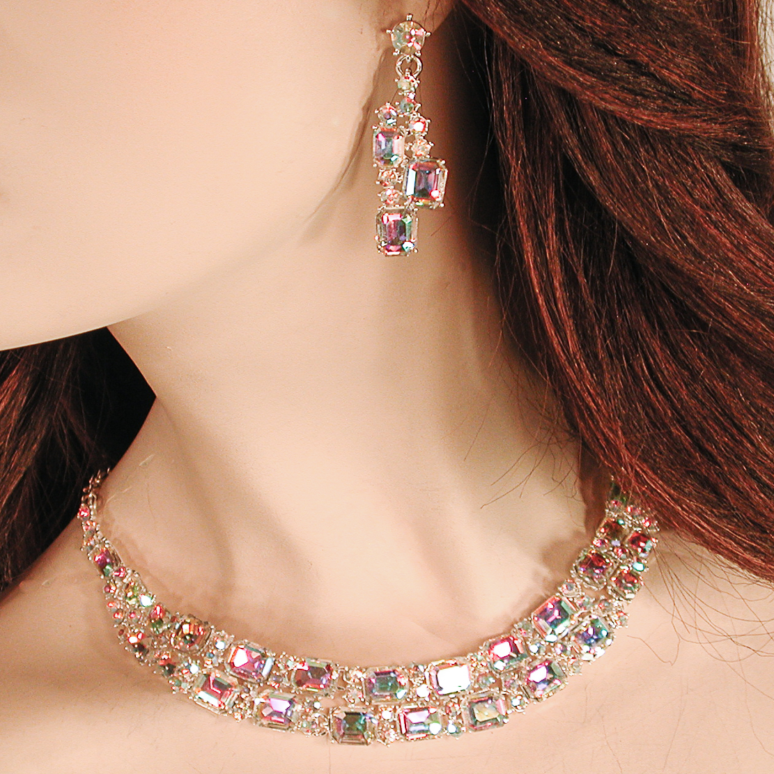 Crystal Rhinestone Chocker Necklace Earrings Set, a fashion accessorie - Evening Elegance