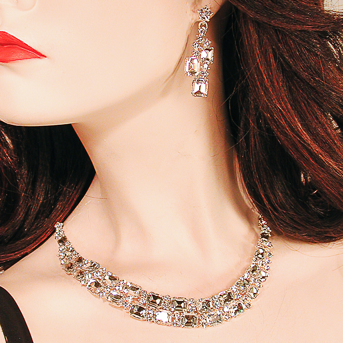 Crystal Rhinestone Chocker Necklace Earrings Set, a fashion accessorie - Evening Elegance
