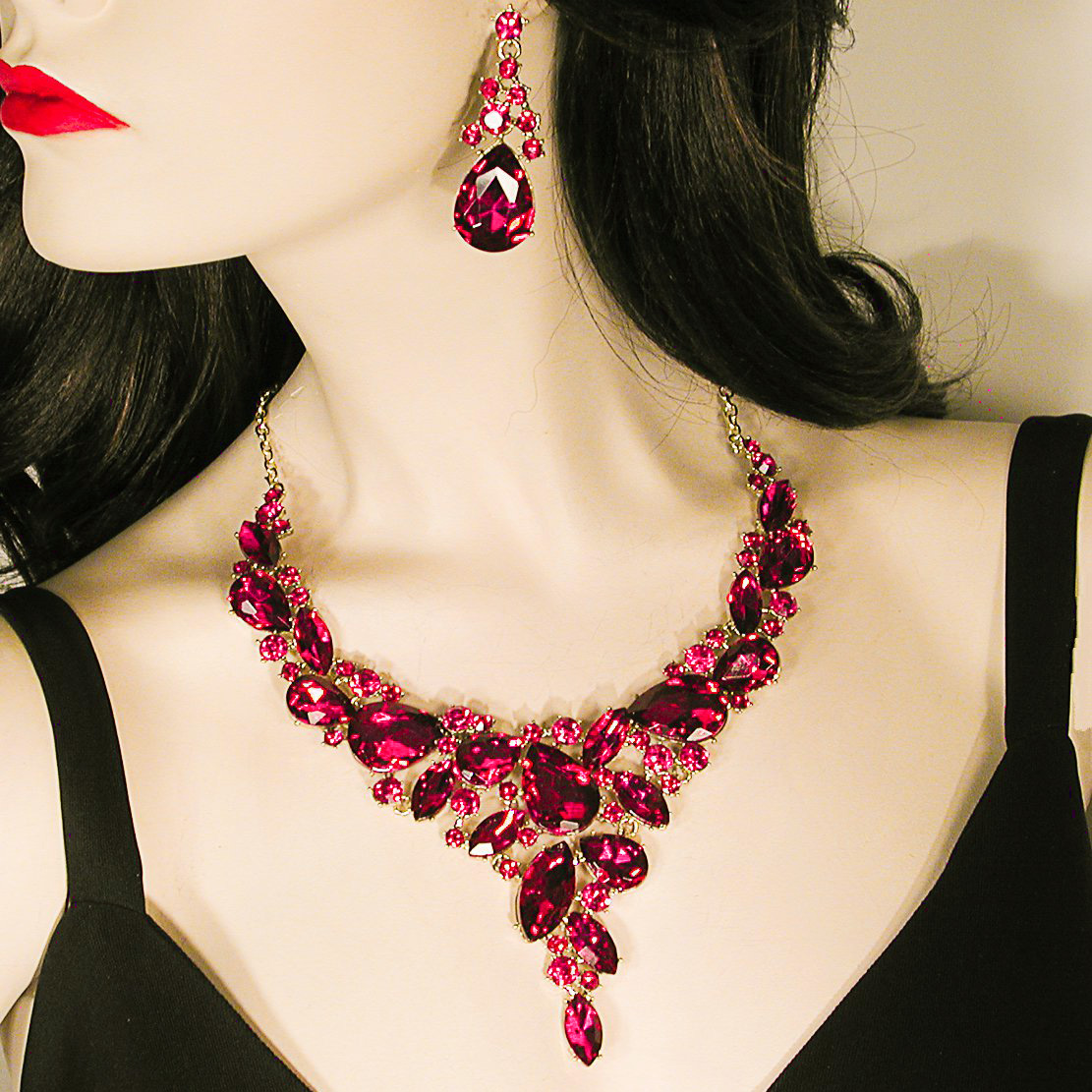 Large Chunk Crystal Rhinestone Statement Necklace Earrings Set, a fashion accessorie - Evening Elegance