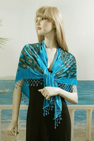 Beaded Velvet Peacock Triangle Shawl, a fashion accessorie - Evening Elegance