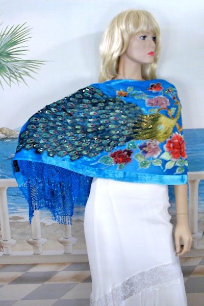 Beaded Oblong Velvet Burnout Shawl with Peacock Design, a fashion accessorie - Evening Elegance