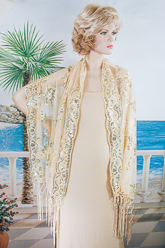 Sheer sequined Embroidered Oblong Shawl Wrap, a fashion accessorie - Evening Elegance