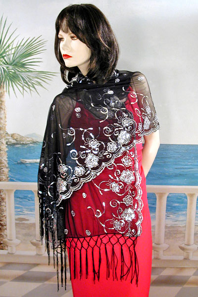 Sheer sequined Embroidered Oblong Shawl Wrap, a fashion accessorie - Evening Elegance