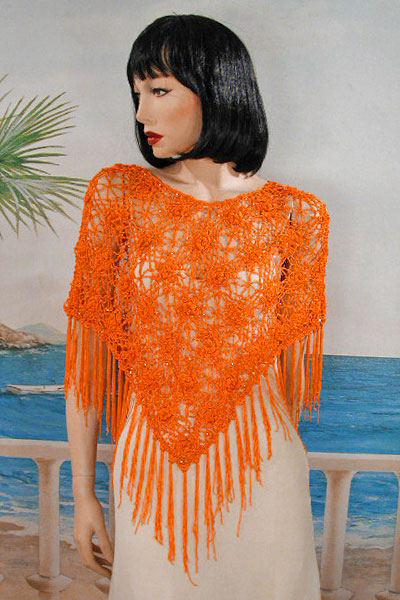 Crocheted Beaded Poncho in a Floral Design with Long Fringe, a fashion accessorie - Evening Elegance