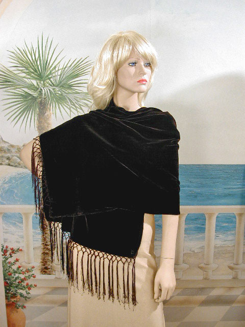 Crushed Velvet Oblong Shawl with Knotted Fringe, a fashion accessorie - Evening Elegance