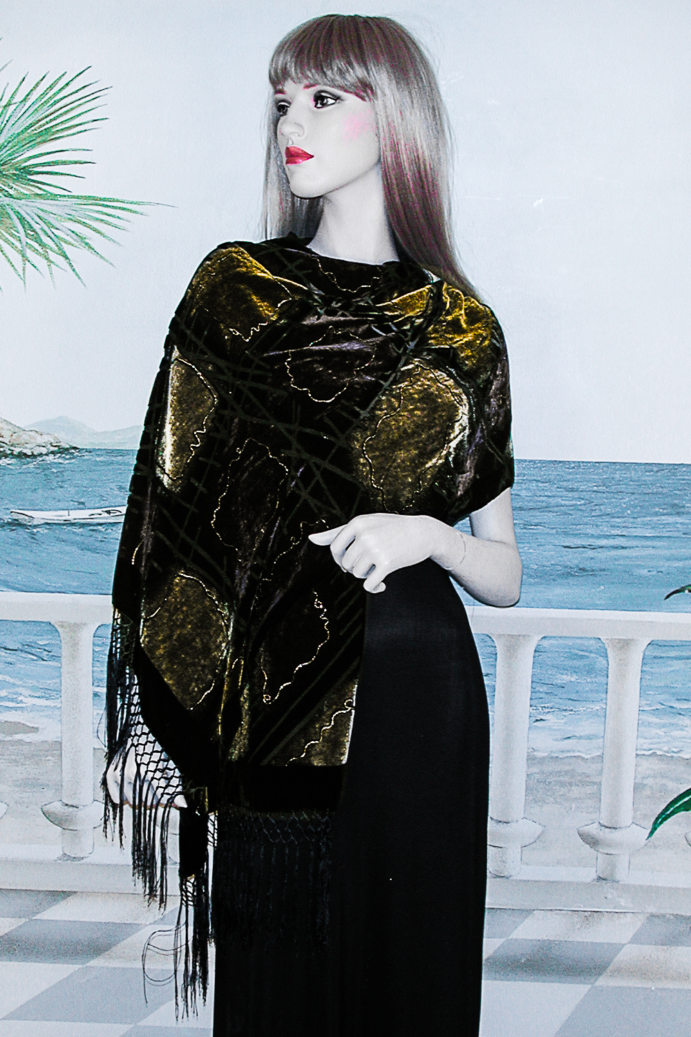Large Velvet Shawl in Brown Tones with Abstract Design, a fashion accessorie - Evening Elegance