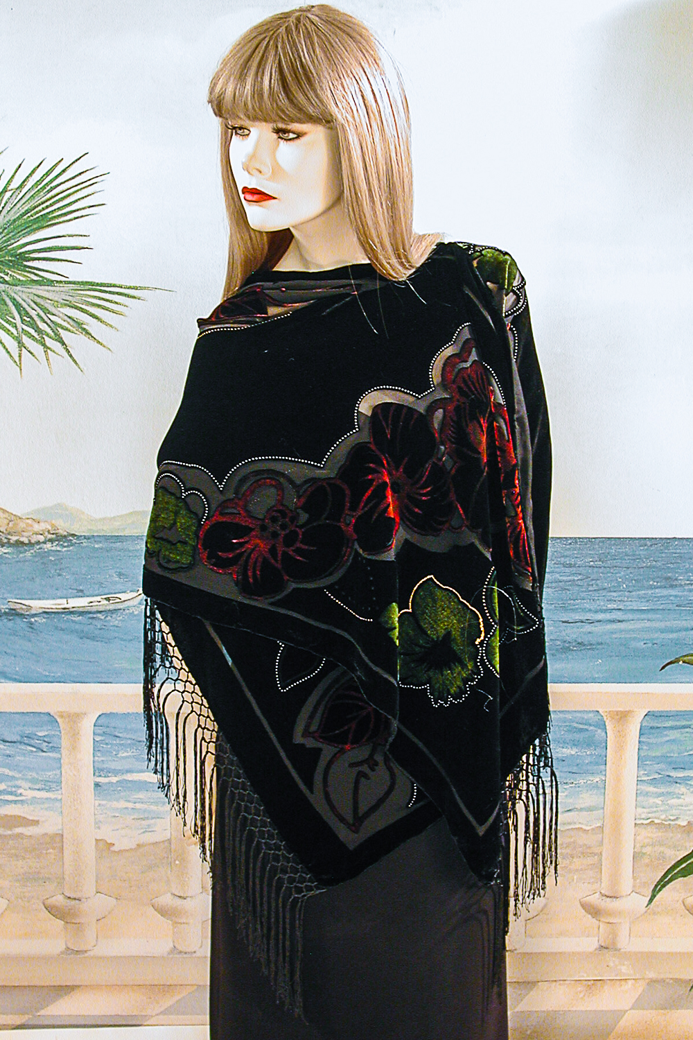 Large Black Velvet Shawl with Wine and Dark Green Flower Design, a fashion accessorie - Evening Elegance