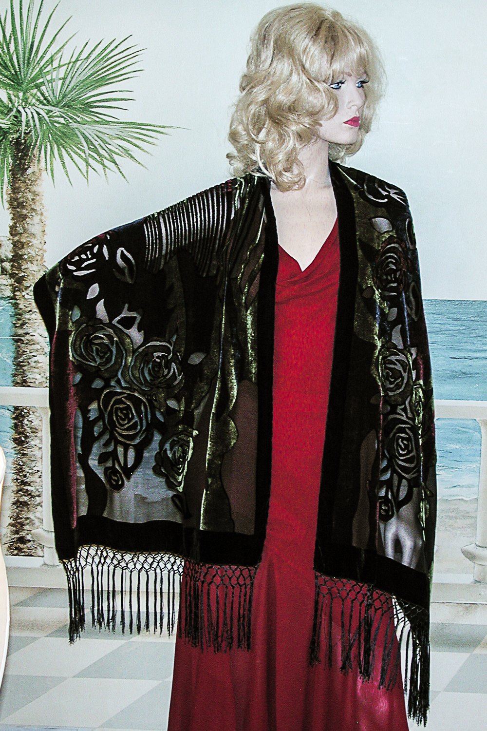 Black Burnout Velvet Shawl with Wine, Midnight and Olive, a fashion accessorie - Evening Elegance