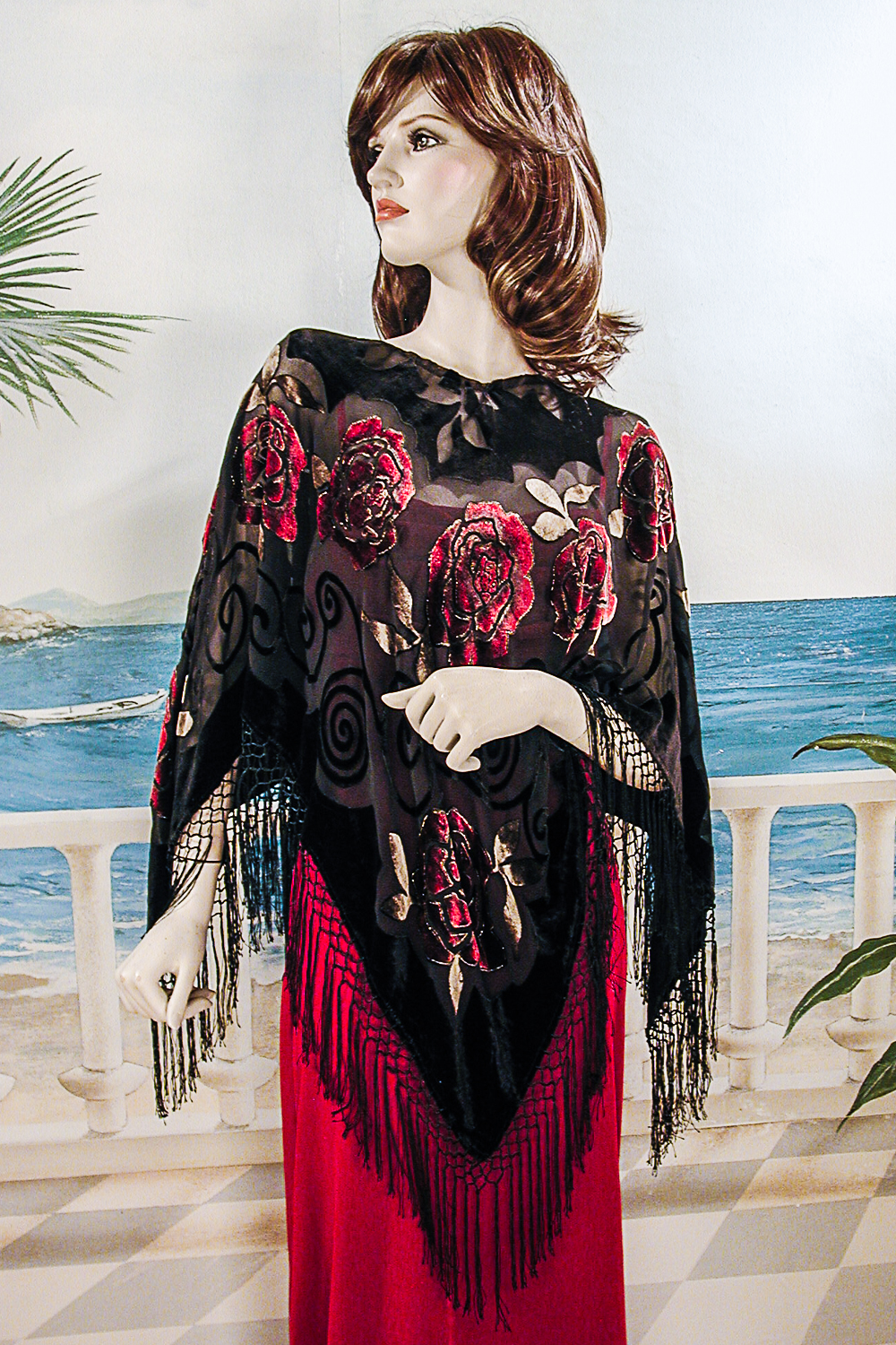 Luxurious Velvet Ponho with Rose Design, a fashion accessorie - Evening Elegance