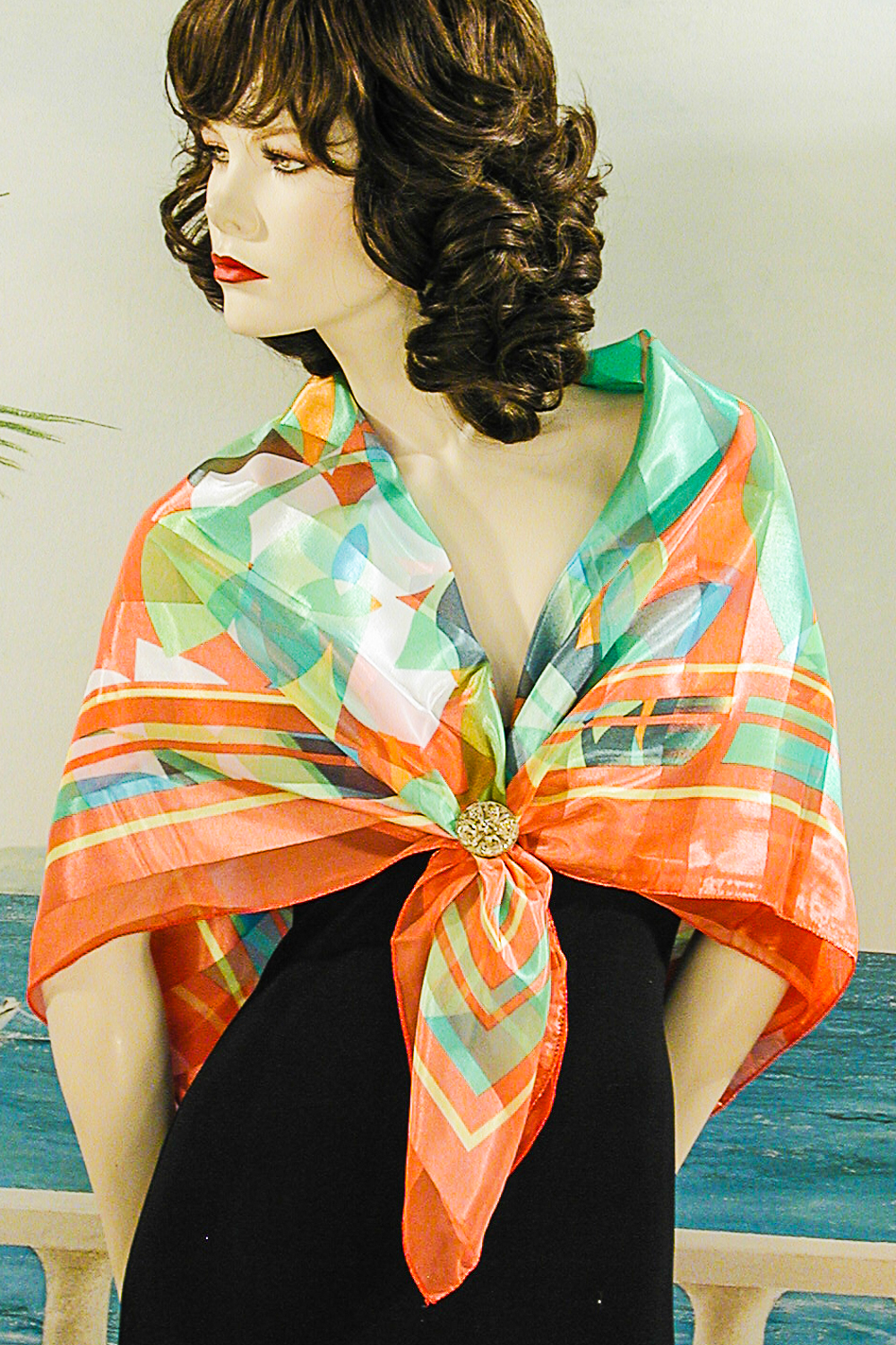 Large Satin and Chiffon Orange Green Scarf, a fashion accessorie - Evening Elegance