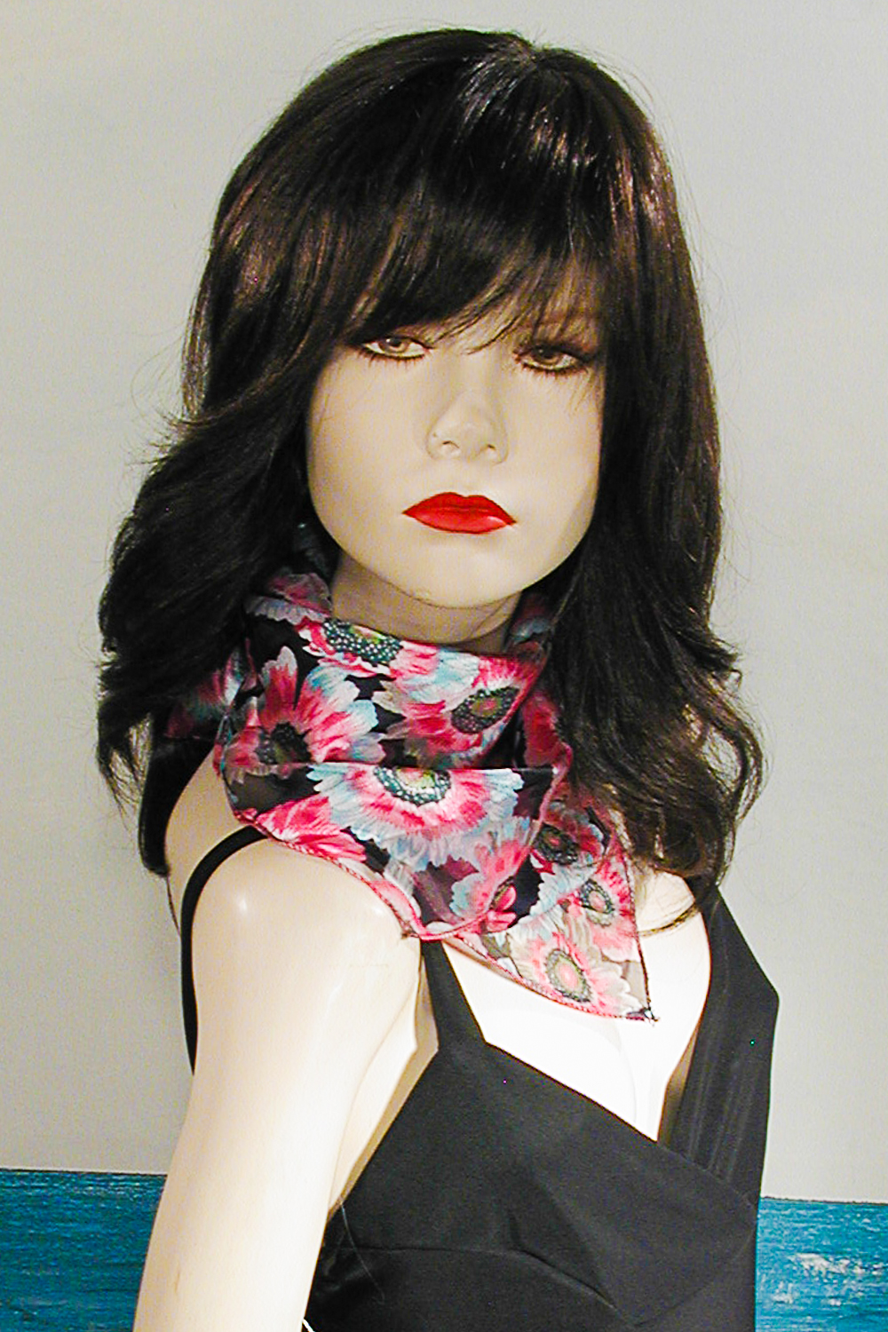 Small Square Neck Scarf with Red Flowers, a fashion accessorie - Evening Elegance