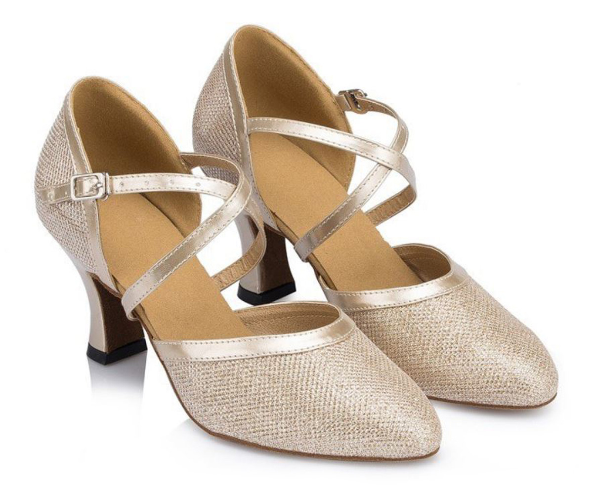 Closed Toe Sparkly Mesh Metallic Ballroom, Tango, Latin Dance Shoes, a fashion accessorie - Evening Elegance