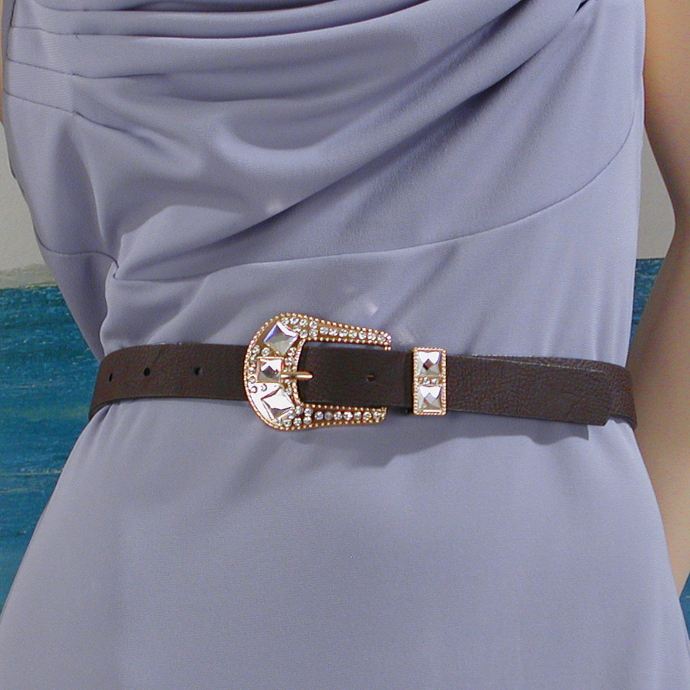 Faux Leather Western Belt with Crystal Rhinestone Buckle, a fashion accessorie - Evening Elegance