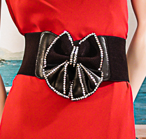 Wide Black Belt with Rhinstone Trimmed Bow