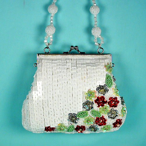 Small White Sequined Evening Bag with Colored Flowers, a fashion accessorie - Evening Elegance