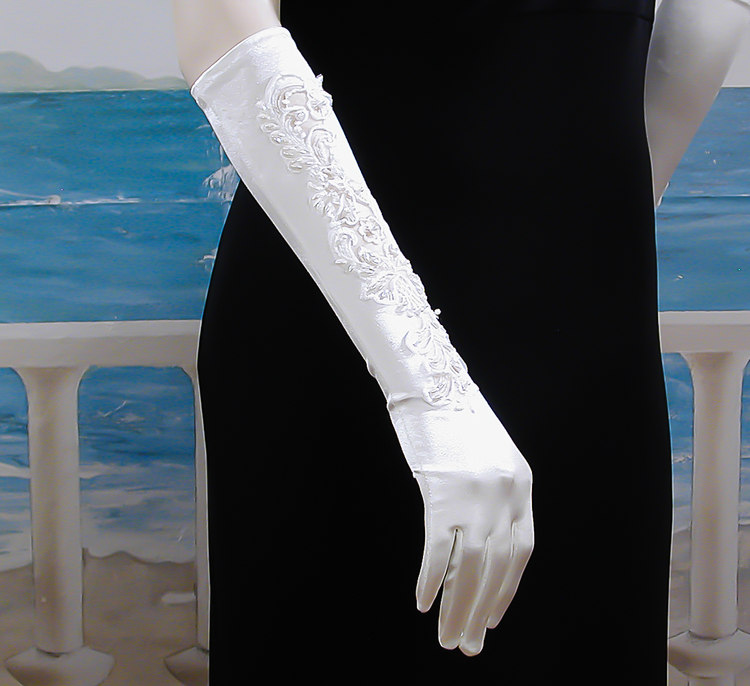 Satin Fingerless Embroidered Beaded Gloves, a fashion accessorie - Evening Elegance