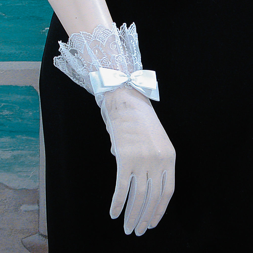 Sheer Wrist Length Gloves, Lace Ruffle, Satin Bow, a fashion accessorie - Evening Elegance