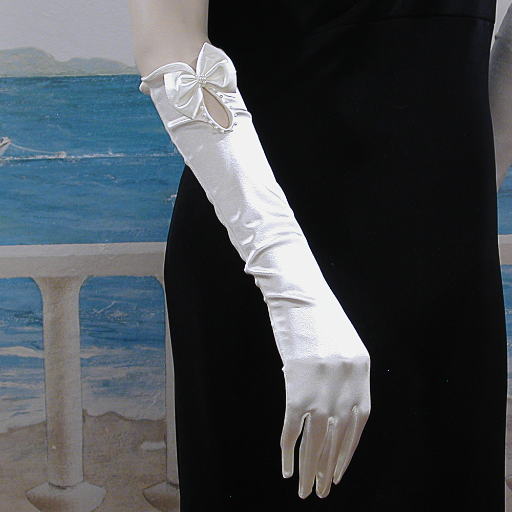 Long Satin Gloves with Bow, Ruffled Edge and Pearls, a fashion accessorie - Evening Elegance