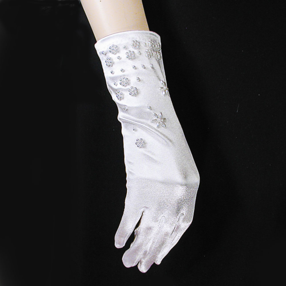 Wrist Length Satin Beaded Gloves with Pearl Stars and Clusters, a fashion accessorie - Evening Elegance