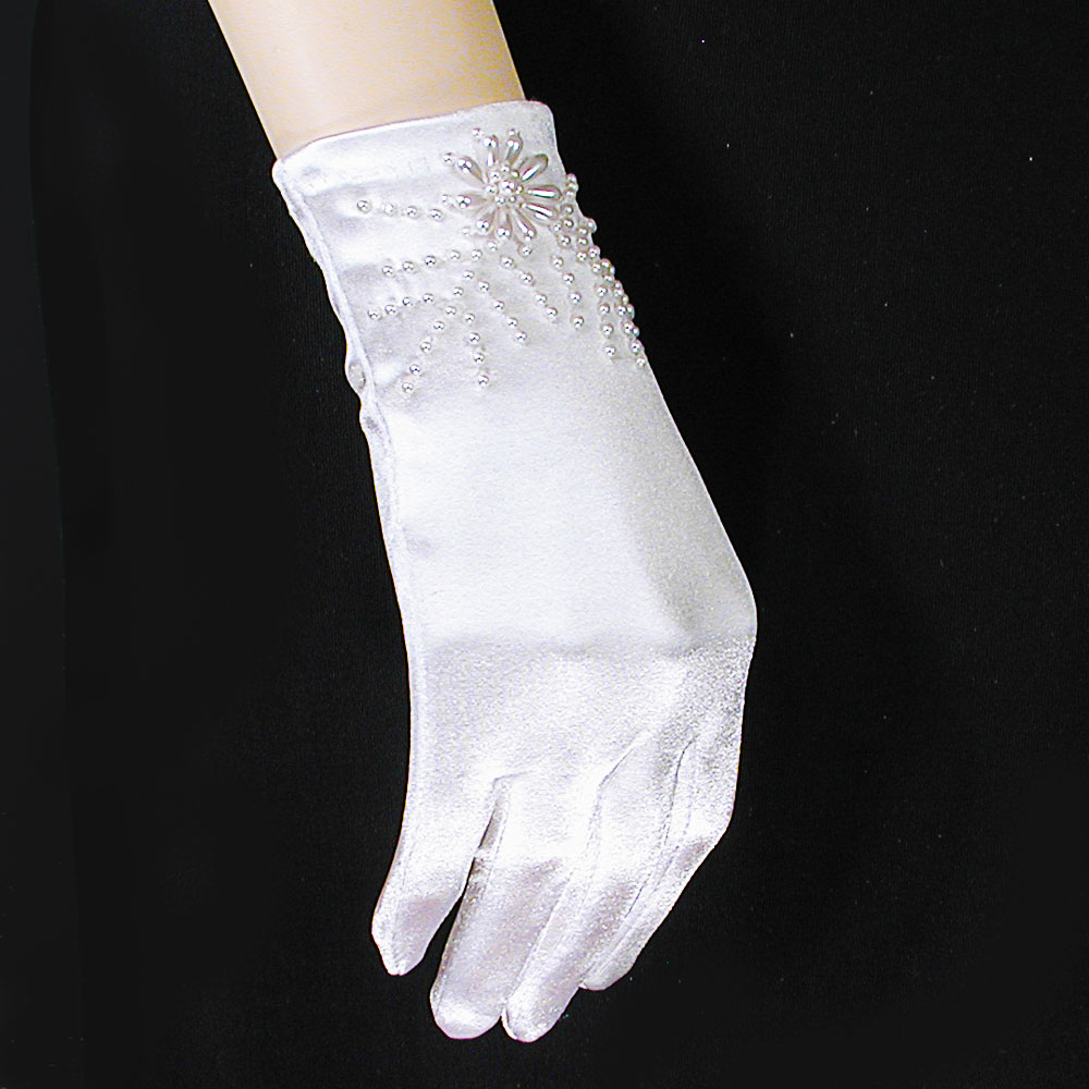 Wrist Length Satin Beaded Gloves with Flower and Leaves, a fashion accessorie - Evening Elegance
