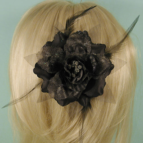 Glitter and Feather Silk Flower Hair Clip, a fashion accessorie - Evening Elegance