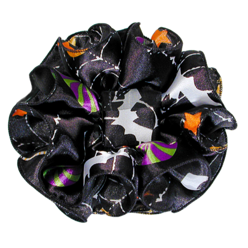 Black Multicolored Halloween Bat Clip Claw Ruffled Hair Bow With White Bats, a fashion accessorie - Evening Elegance