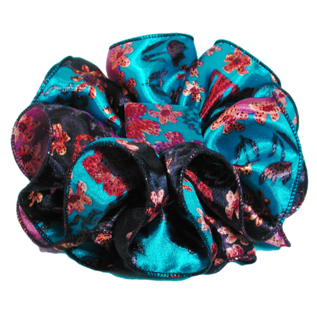 Turquoise Black and Mauve Flower Print Ruffled Hair Bow, a fashion accessorie - Evening Elegance