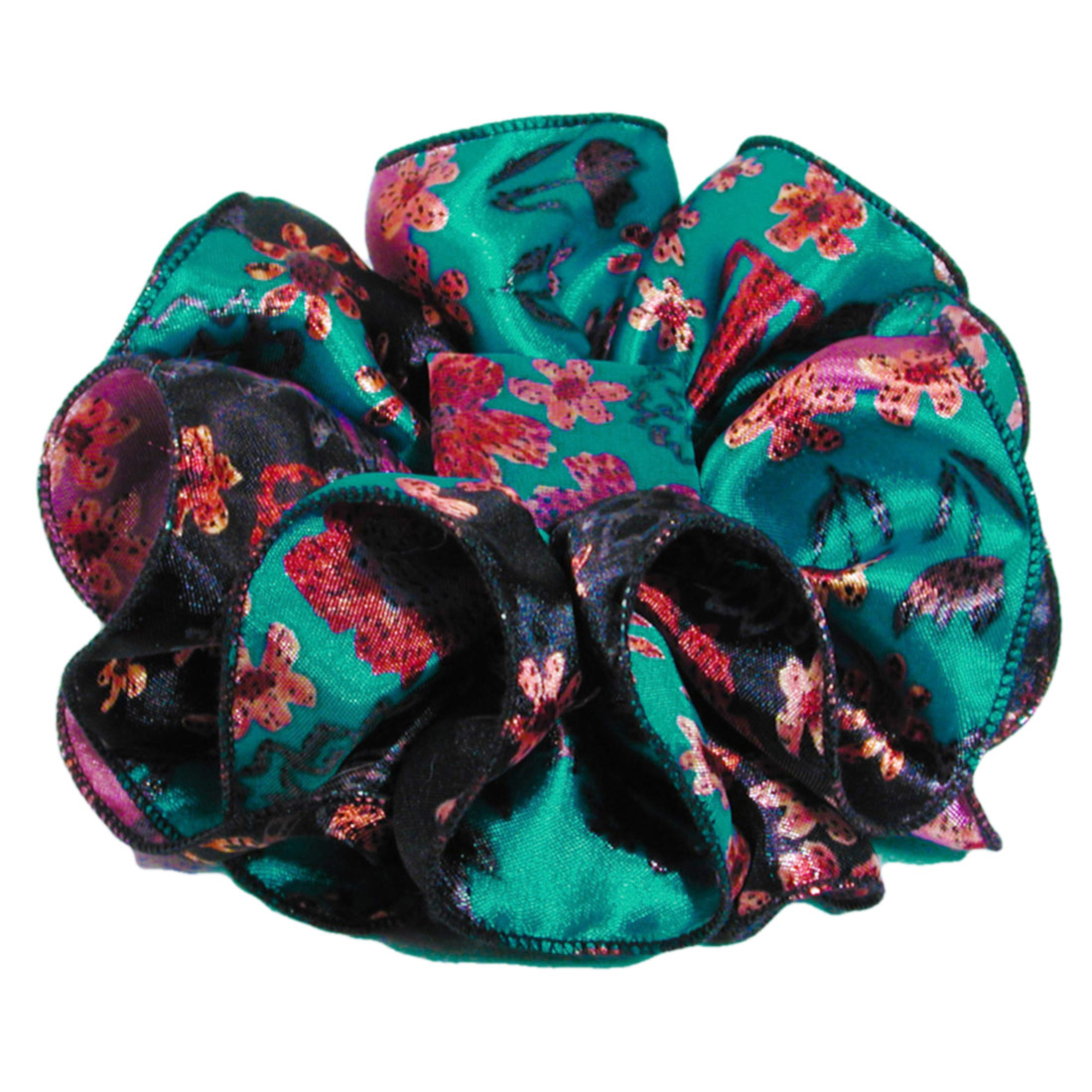 Turquoise Black and Mauve Flower Print Ruffled Hair Bow, a fashion accessorie - Evening Elegance