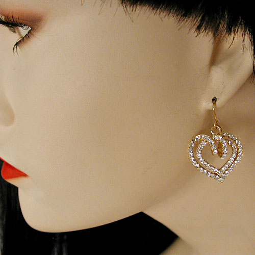 Rhinestone Heart Earring with Two Rows of Stones, a fashion accessorie - Evening Elegance