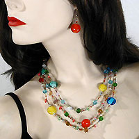 Multicolored Three Strand Necklace and Earrings Set