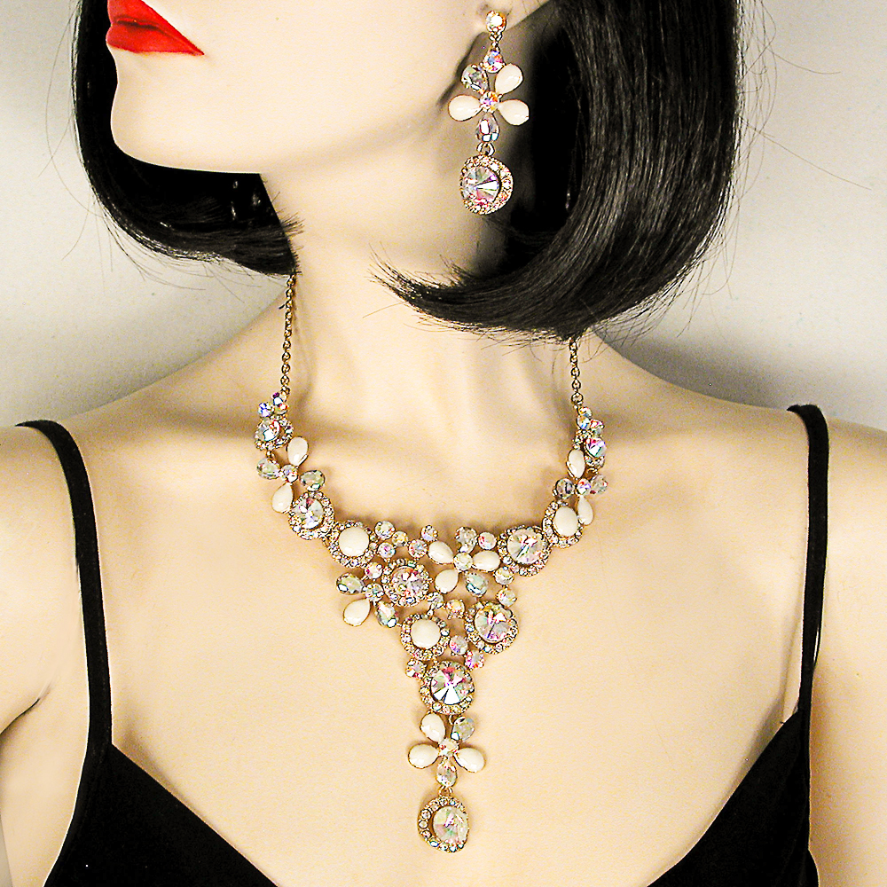Glamorous Crystal Rhinestone and Enamel Bib Necklace Set, a fashion accessorie - Evening Elegance