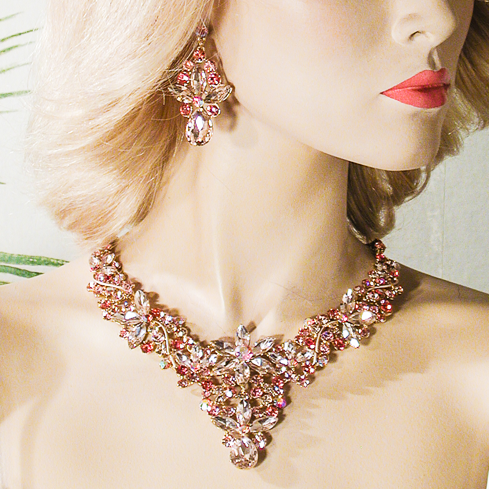 Brilliant Red Crystal Rhinestone Bib Necklace Earring Set, a fashion accessorie - Evening Elegance