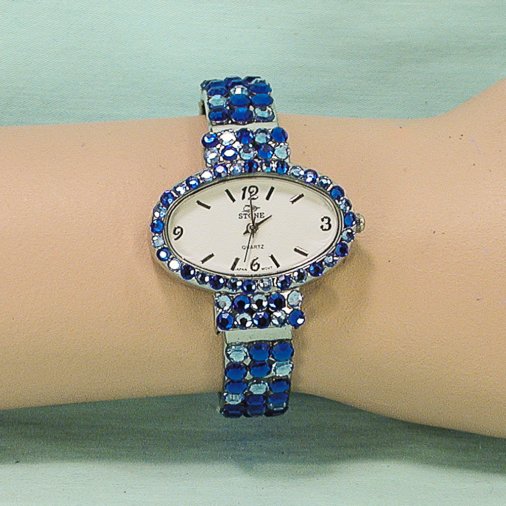 Blue Cuff Crystal Rhinestone Bracelet Wath, a fashion accessorie - Evening Elegance