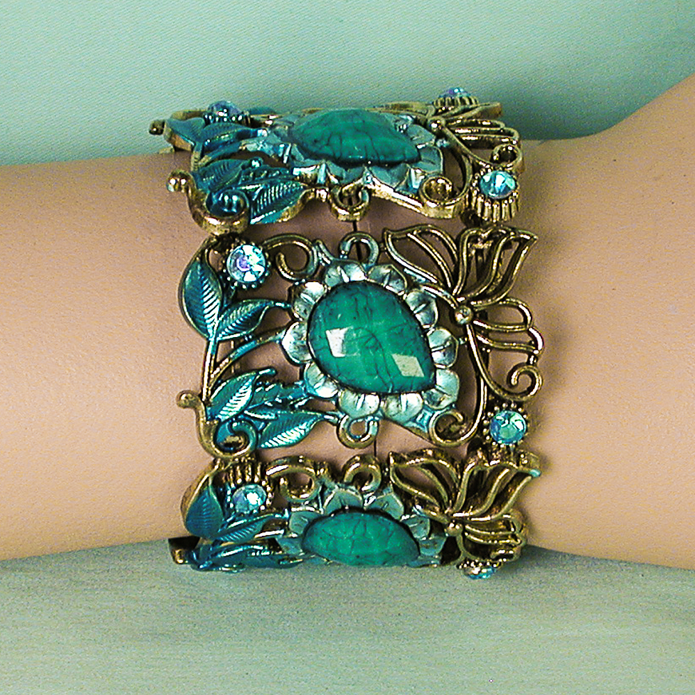 Wide Turquoise Bracelet in a Scrolled Vintage Design, a fashion accessorie - Evening Elegance