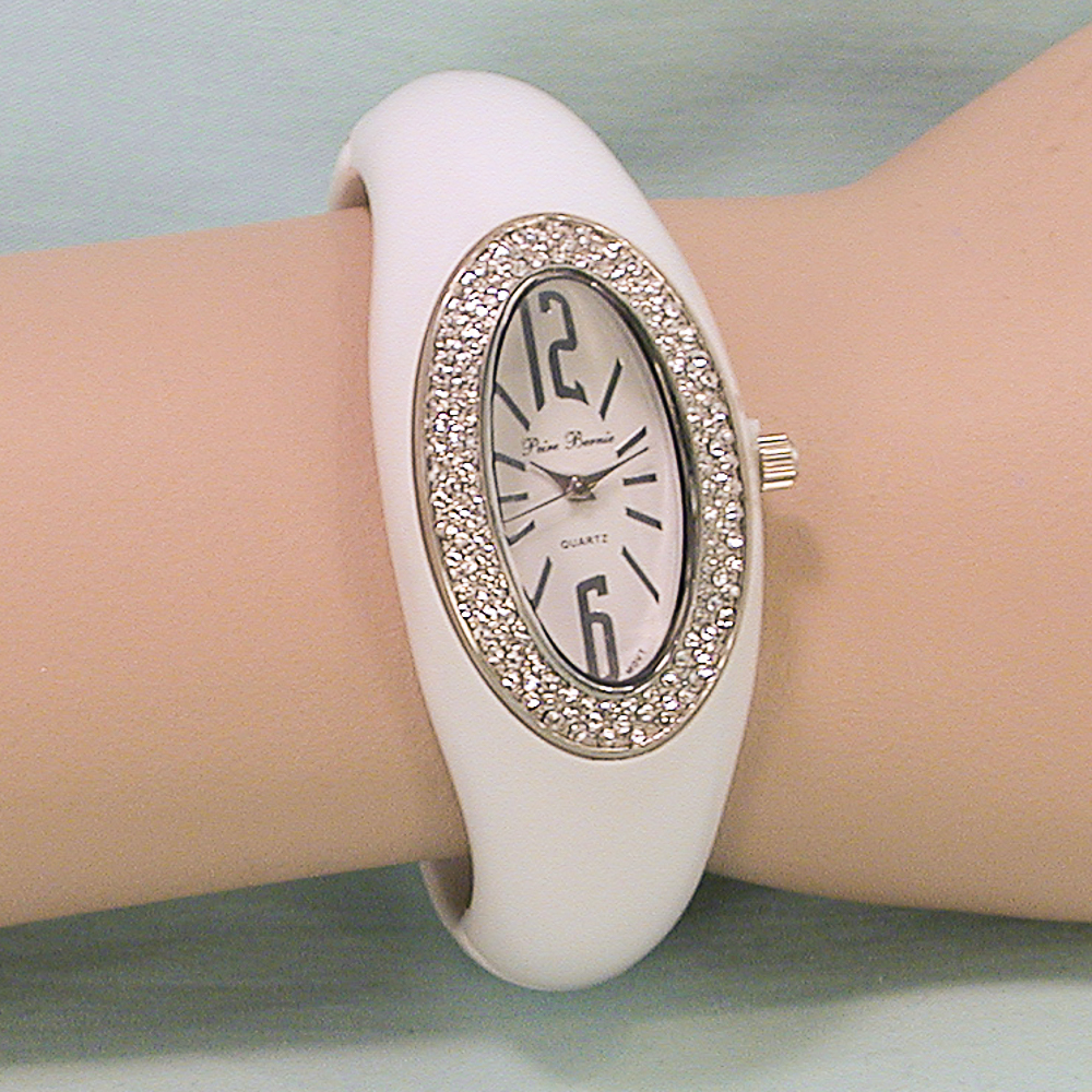 White Cuff Watch with Crystal Rhinestone Enhanced Face, a fashion accessorie - Evening Elegance