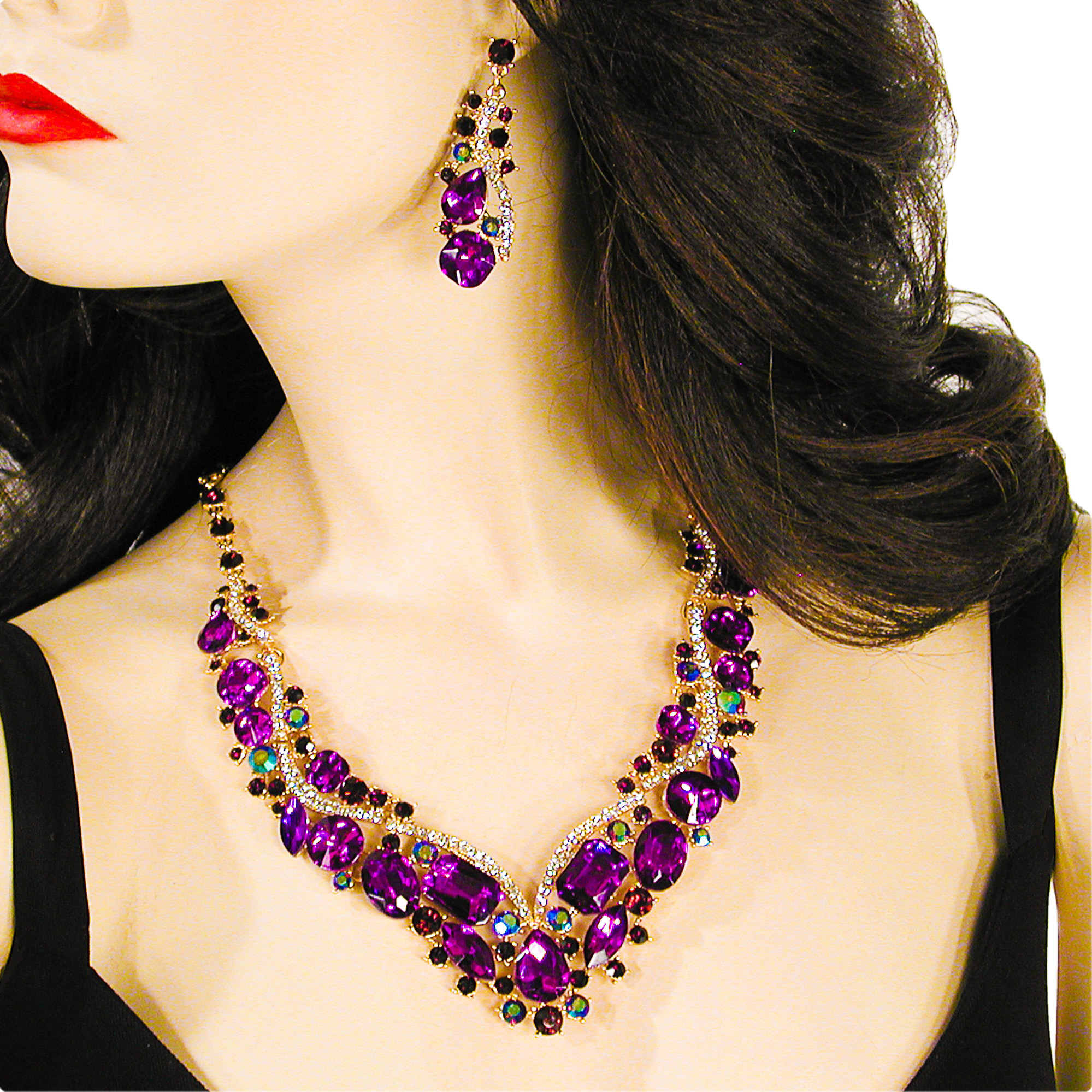 Large Crystal Rhinestone Statement Bib Necklace Solid/Multi Colors, a fashion accessorie - Evening Elegance