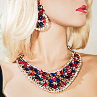 Large Multi Colored Statement Bib Necklace Earrings