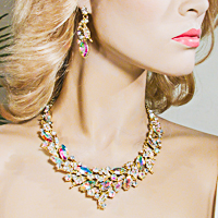 Large Swirled Bib Statement Crystal Rhinestone Necklace & Earring Set 